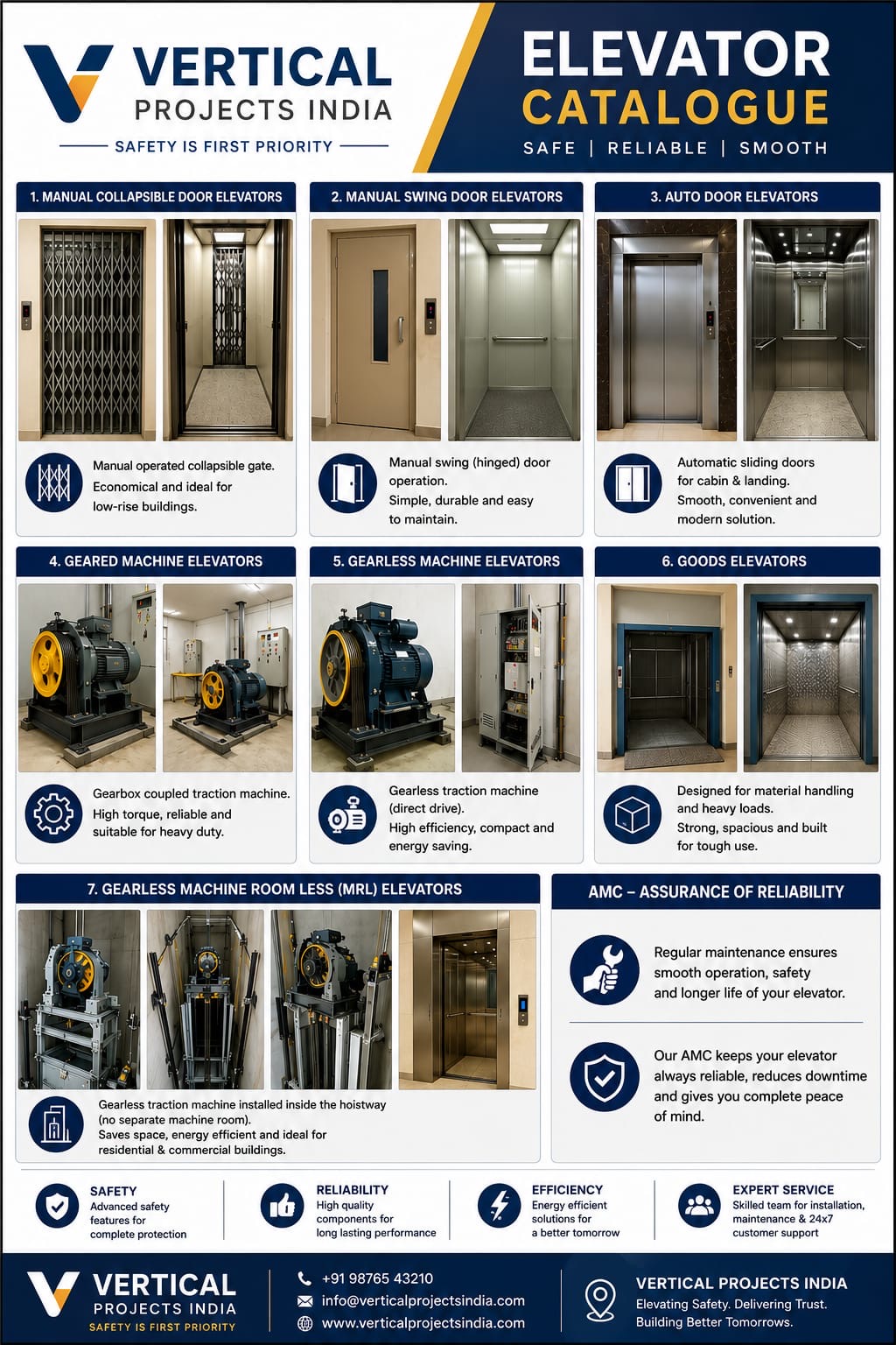 Vertical Projects India elevator catalogue showing all elevator types